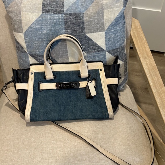 Coach Denim Swagger With Chalk White Leather Trim Satchel - Picture 7 of 13